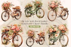 Bicycle with floral basket watercolor clipart sublimation Product Image 1