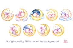 Kawaii Baby Axolotl Sleeping on Moon Clipart Set Product Image 2