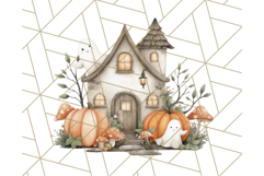 Watercolor Halloween Cottage Clipart, Ghosts &amp; Pumpkins Png Product Image 2