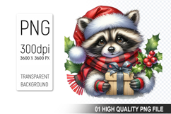 Christmas Raccoon with Santa Hat Clipart, High-Quality PNG Product Image 1