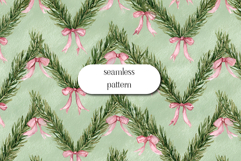 Watercolor Pine Garland Pattern with Pink Ribbon Bows Product Image 1