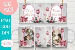 Pink Christmas photo mug wrap PNG Sublimation, festive mug Product Image 1