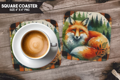 Fox, Woodland Animals, Buffalo Plaid Square Coaster PNG Product Image 1