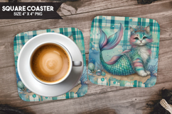 Cute Cat, Fantasy &amp; Whimsy, Buffalo Plaid Square Coaster PNG Product Image 1