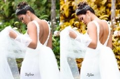 Before and after using Golden Wedding Presets on the outdoor bride and groom photo - Golden Wedding Presets transform outdoor bride and groom photo - Golden Wedding Presets add an aesthetic Instagram vibe to the outdoor bride and groom photo.