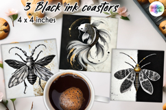 Black Ink Coasters, Floral Coasters, Elegant Golden Coaster Product Image 1