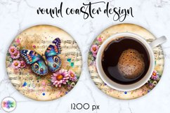 Vintage Butterfly Coaster, Vintage Music Paper with Flowers Product Image 1