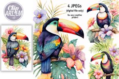 Watercolor Toucans Wall Art 4 JPEG Tropical Flowers images Product Image 1