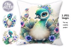 Cute Peacocks with Flowers 3 Watercolor JPEG Images Set Product Image 2