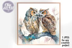 Two Owls in Love Digital Watercolor Image Wall Decor JPEG Product Image 2