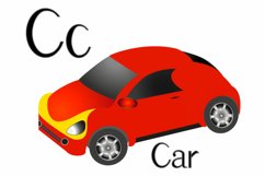 Illustration for teaching children the English alphabet with cartoon car. The letter C.
