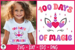 100 days of magic SVG with a cute unicorn face being shown as a little girls t-shirt design