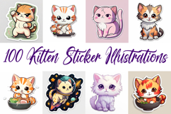 100 Kitten Cat Sticker Illustrations Designs JPG Product Image 1
