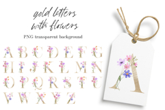 Alphabet, gold letters,  floral monogram with flowers, PNG. Product Image 1