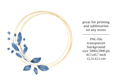Watercolor blue leaves gold wreath, floral frame clipart. Product Image 2