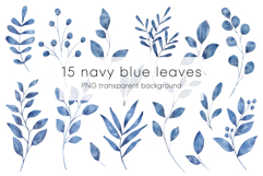 Navy blue leaves watercolor set, clipart png files. Product Image 2