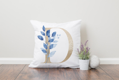 Gold alphabet, letters, monogram with blue leaves, PNG. Product Image 4