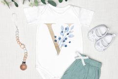Gold alphabet, letters, monogram with blue leaves, PNG. Product Image 3
