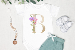 T-shirt design with gold monogram, flowers, leaf, PNG. Product Image 2