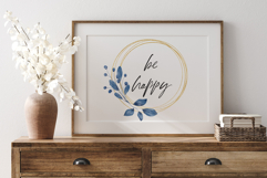 Watercolor blue leaves gold wreath, floral frame clipart. Product Image 3