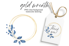 Watercolor blue leaves gold wreath, floral frame clipart. Product Image 1