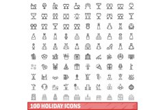 100 holiday icons set, outline style Product Image 1