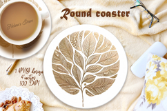 Golden Watercolor Leaves round coaster sublimation design Product Image 1