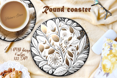 Golden Watercolor Leaves round coaster sublimation design Product Image 1