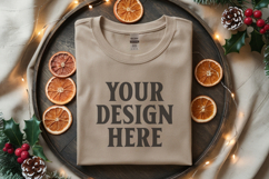 Gildan 5000 Sand Folded Christmas Mockup, G5000 mockup Product Image 1