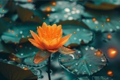 Orange water lily blooming in a pond with lily pads and fire Product Image 1