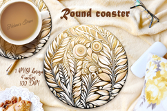 Golden Watercolor Leaves round coaster sublimation design Product Image 1