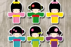 Japanese Kimono Girls clipart - kokeshi dolls illustrations Product Image 2
