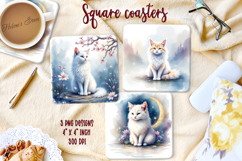 Cute watercolor cat square coaster sublimation designs png Product Image 1