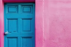 Blue painted wooden front door with pink wall Product Image 1