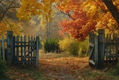 Autumnal tranquility: rustic gate and fall foliage Product Image 1