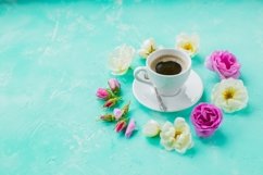 Coffee drink concept with cup of americano and roses Product Image 1