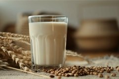 Glass of soy milk with soybeans and wheat on a tablecloth Product Image 1
