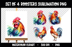 4 Colourful Roosters Clip Arts I Watercolour Sublimation PNG Product Image 1