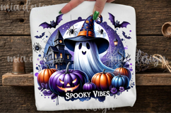 Spooky Vibes Halloween PNG, Haunted House Pumpkin Design Product Image 2