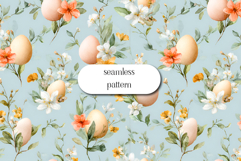 Easter Eggs Floral Seamless Pattern on Blue Background Product Image 1