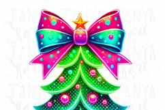 Neon Christmas Tree PNG, Pink Brushstroke & Coquette Bow Product Image 3