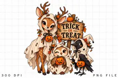 Cute Halloween Woodland Animals PNG, Deer Owl Crow in Ghost Product Image 3