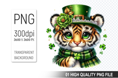 St. Patrick’s Day Tiger with Hat Clipart, Shamrocks PNG Product Image 1