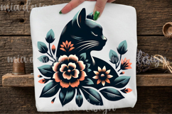Folk Art Black Cat PNG, Floral Botanical Sublimation Product Image 1