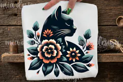 Folk Art Black Cat PNG, Floral Botanical Sublimation Product Image 1