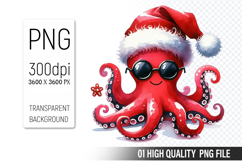 Christmas Octopus Clipart PNG, Festive Octopus illustration Product Image 1