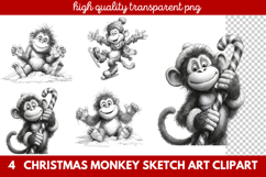 Christmas Monkey Sketch Art Clipart | Hand-Drawn Holiday Product Image 1