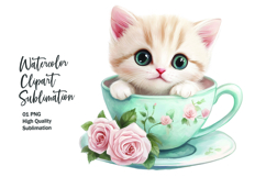 Cute cat with floral tea cup watercolor clipart png Product Image 1