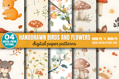 Handdrawn Birds And Flowers Patterns Digital Paper PNG Product Image 1