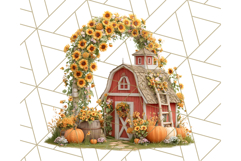 Fall Barn Clipart PNG With Pumpkins and Flowers, Autumn Png Product Image 3